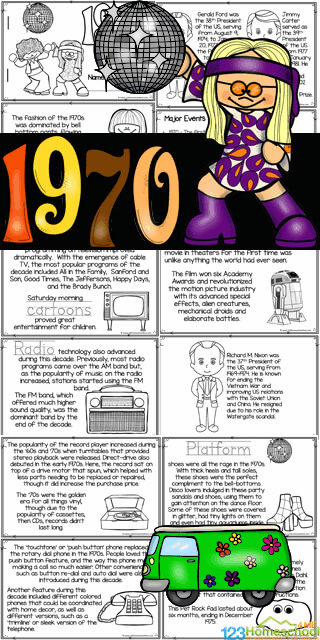 Learn all about the Seventies for kids with this American History for Kids reader for kids to color and learn! Learn about life in the 1970s with elementary age students from pre-k, kindergarten, first grade, 2nd grade, 3rd grade, 4th grade, 5th grade, and 6th grade students.  Simply print pdf file with 1970s for kids for kids to learn about life in the 70s while having fun coloring the cute pictures and learning about platform shoes, pet rocks, the beginning of Star Wars, TV and the Presidents of the US during this decade.
