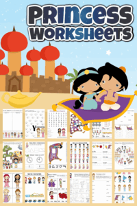 Help kids get excited to practice a variety of math and litearcy skills with these Princess Worksheets! These (inspired by) disney princess worksheets are perfect for toddler, preschool, pre-k, kindergarten, first grade and 2nd graders too.  Simply print pdf file with free printable princess worksheets and you are ready to make learning FUN with princess printables.
