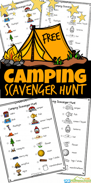 Kids will enjoy exploring the state park or campground with this free printable camping scavenger hunt. This camping scavenger hunt for kids will have children searching for different shaped items such as a flashlight, tent, campfire, and more. This free printable scavenger hunt is fun for toddler, preschool, pre-k, kindergarten, first grade, 2nd grade, and 3rd grade students as it contains not only the name, but a cute picture too.  Simply print camping scavenger hunt printable pdf file with camping activity for kids in color or black and white and you are ready to play!