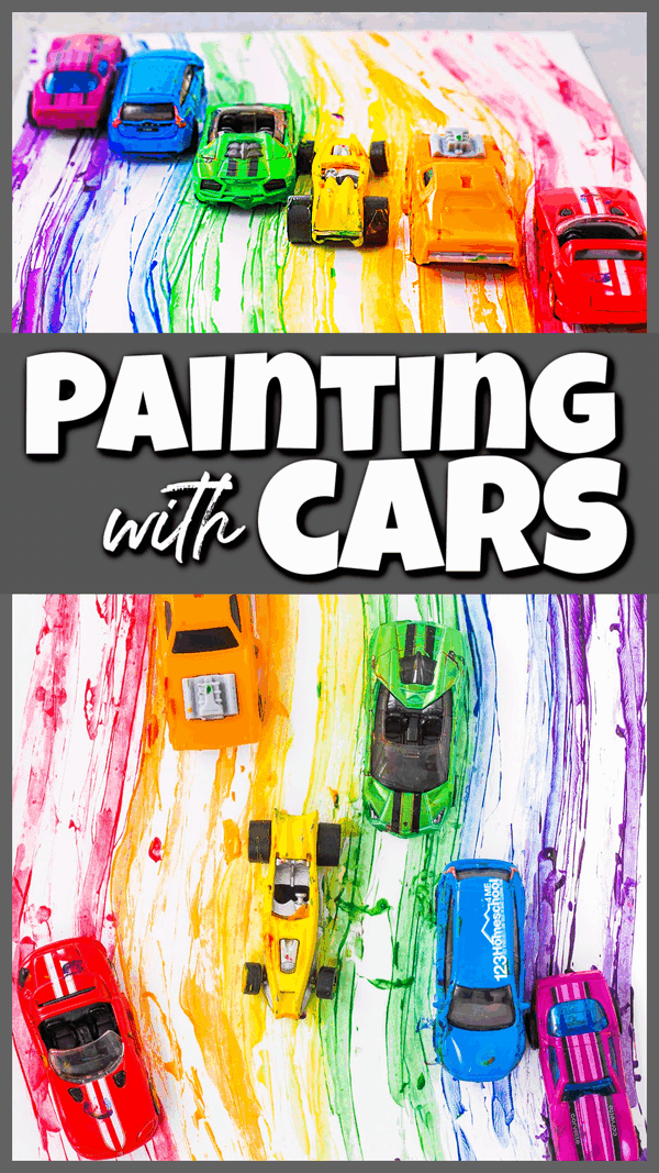 You will love this outrageously fun painting with cars activity where kids will make a cheery rainbow painting using hotwheel vehicles. This rainbow painting for kids is a silly rainbow painting ideas that your kids will LOVE! Use this for a rainbow theme, car theme, spring theme, or just a fun play ativity with kids. Try this car activities for kids with toddler, preschool, pre-k, kindergarten, and first grade students. 