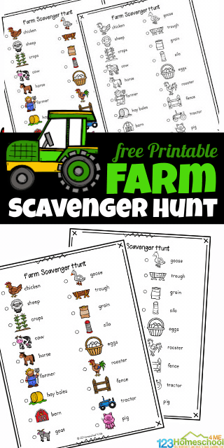 Explore Old MacDonald's farm, the tractors, equipment, and all the cute baby animals with this Farm Scavenger Hunt. This farm scavenger hunt printable allows children to search for different farm themed items such as a chicken, barn, hay bales and goats. This farm animal scavenger hunt is fun for toddler, preschool, pre-k, kindergarten, first grade, 2nd grade, and 3rd grade students as it contains not only the name, but a cute picture too.  Simply print pdf file with farm printables in color or black and white and you are ready to play with this printable scavenger hunt that is an outrageously fun farm activity for kids.