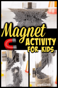 Looking for quick and easy magnet experiments for kids? This magnetic field sensory bottle allows toddler, preschool, pre-k, kindergarten, first grade, 2nd grade, 3rd grade, and 4th graders to explore magnets for kids in a playful way. Kids will be amazed at the power of magnets in this magnet game for kids. This is such a fun science activity for children to explore magnet science experimensts. 