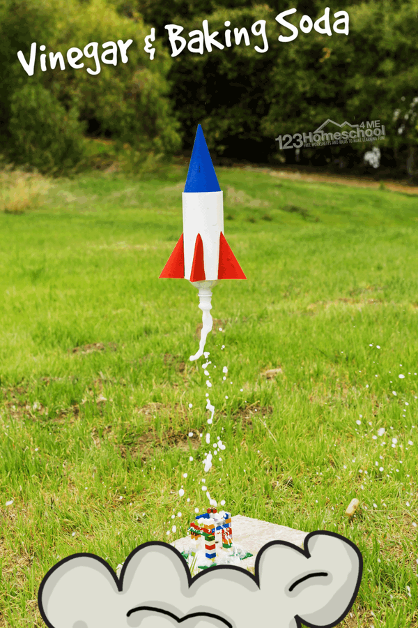 This vinegar and baking soda rocket is an out-of-this-world fun AND educational summer activity for kids! Preschool, pre-k, kindergarten, first grade, 2nd grade, 3rd grade, 4th grade, 5th grade, and 6th grade students will enjoy making the baking soda rocket. This how to make a bottle rocket project is one of those really cool science projects your kids will remember forever! So grab a couple simple materials you have laying around your house and make these rocket science experiments.