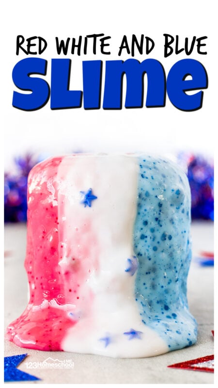 Kids will go nuts over this super cute red white and blue slime recipe for Independence Day! This fourth of July slime allows kids to stretch, sheen, drizzle, and wow over this fun-to-play-with slime as patriotic activities. This 4th of July slime is perfect for toddler, preschool, pre-k, kindergarten, first grade, and 2nd graders too. Whether you have a whole 4th of July theme, party, or are just looking for clever 4th of July activities, you will LOVE this patriotic slime.