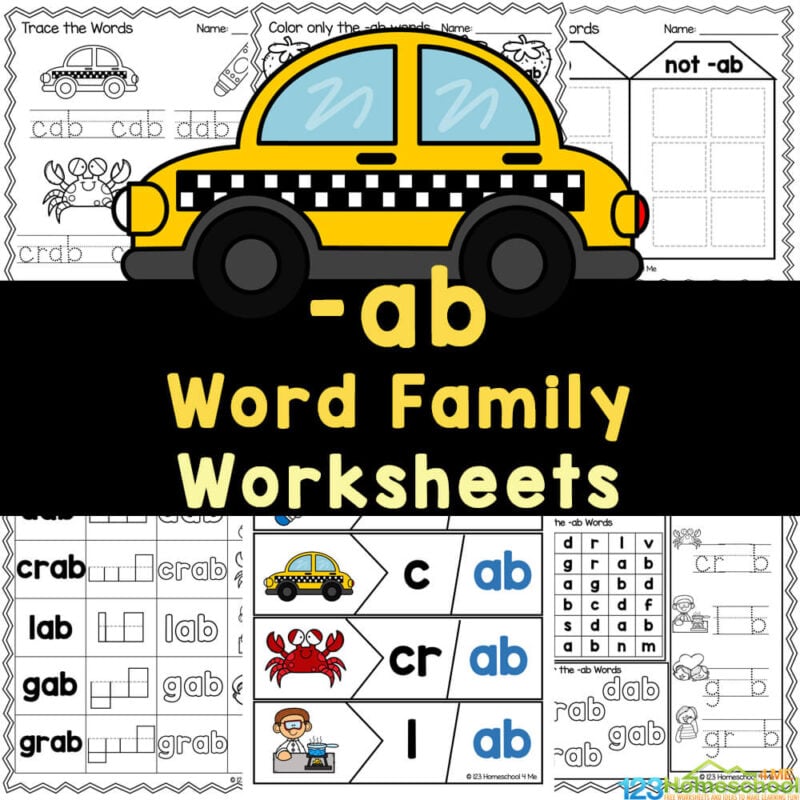 Teach your kindergarten, pre-k, & first graders how to read with FREE printable word family worksheets. Print -ab word family pages here!
