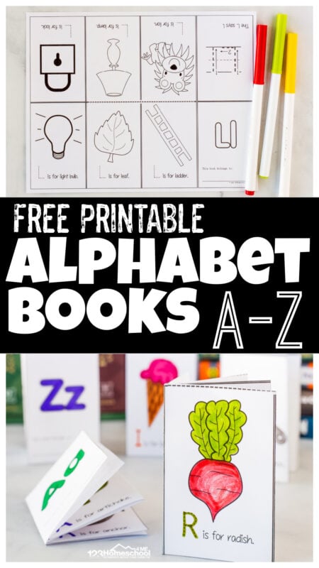 Kids will have fun making their very own alphabet book printable with our free printable alphabet mini books pdf! Just color, fold and read this super cute and handy alphabet printable. There are 26 books - an alphabet books pdf for each letter of the alphabet. This alphabet books for each letter resource is super handy to introduce each letters with an abc printable for toddler, preschool, pre-k,  and kindergarten age student. Simply print printable alphabet book pdf and you are ready to play and learn!