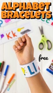 If your children are working on learning their alphabet letters, they are going to love these super cute, free printable, Printable Alphabet Bracelets. This alphabet printable is a handy resource for toddler, preschool, pre k, and kindergarten students learning their ABCs. Simply print template, color the pictures with the featured beginning letter, and listen for the same beginning sound. This ABC printable is a great resource for a letter of the week program!