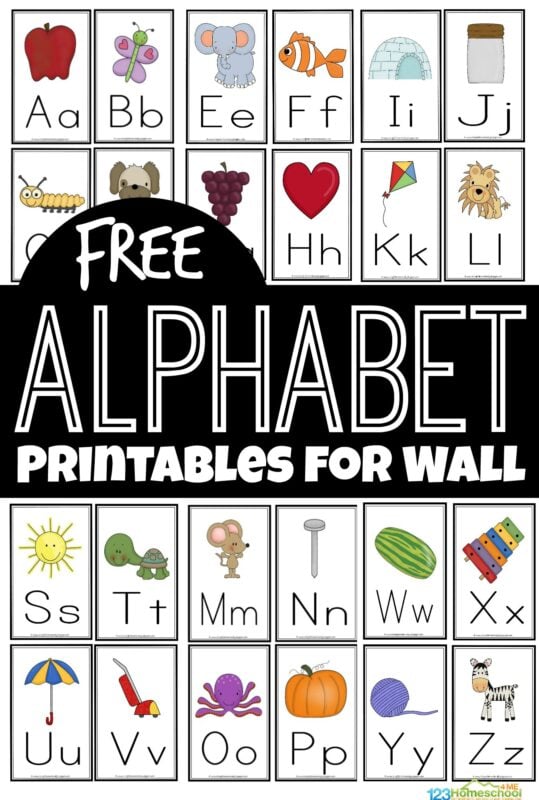 If you are working with your toddler, preschool, pre k, Kindergarten, and first grade student on learning the alphabet, you know they will need to reference something frequently to remember how to form their letters. It is a skill that just takes time and practice! These super cute, free alphabet printables for wall are a handy tool for helping children their their letters from A to Z.  Print the pdf file with the free printable alphabet flash cards, cut apart, and hang on your wall for kids to reference the upper and lowercase letters frequently.