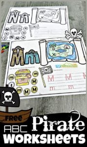 Have fun learning you’re ABCs with this super fun, free printable pirate worksheets. This pirate alphabet learning activity is a great for your toddler, preschool, pre-k, and kindergarten age  students to learn their alphabet letters. On each of the pirate theme abc worksheets is a treasure map to find and color the clipart with the beginning sound featured on the alphabet workheet, alphabet tracing by the pirtae skull and crossbone flag, and find the letter by the treasure chest. This alphabet activity is such a fun, no prep way to learn letters from A to Z. Simply print the pdf file for this preschool pirate theme printables that requires no prep work whatsoever. 
