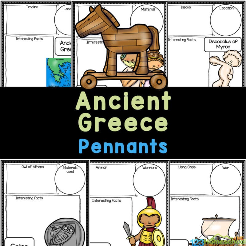 Grab Ancient Greece Pennants to research Greek Civilization. Use as worksheets, reports, or group projects learning world history for kids.
