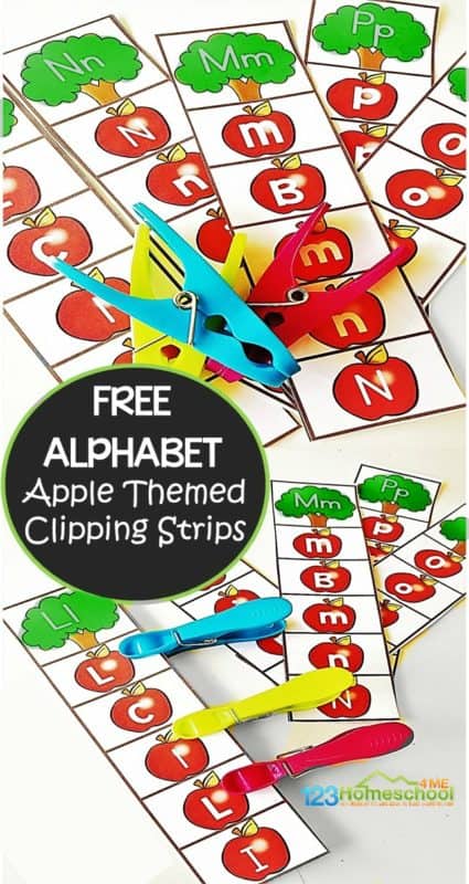 Low prep, apple themed alphabet identification strips are a fun literacy activity for September! Simply download the pdf file, print, and you are ready to help kids work on letter recognition with ah ands on activity for preschool, pre k, kindergarten, and 1st grade students.  In addition to practicing identifying uppercase and lowercase letters, children will be practicing their fine motor skills with these fun activity strips!
