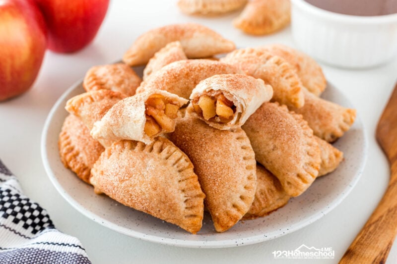 Yummy fall apple hand pies with homemade pie recipe as a September dessert or as fun appetizer with carmel dipping sauce.