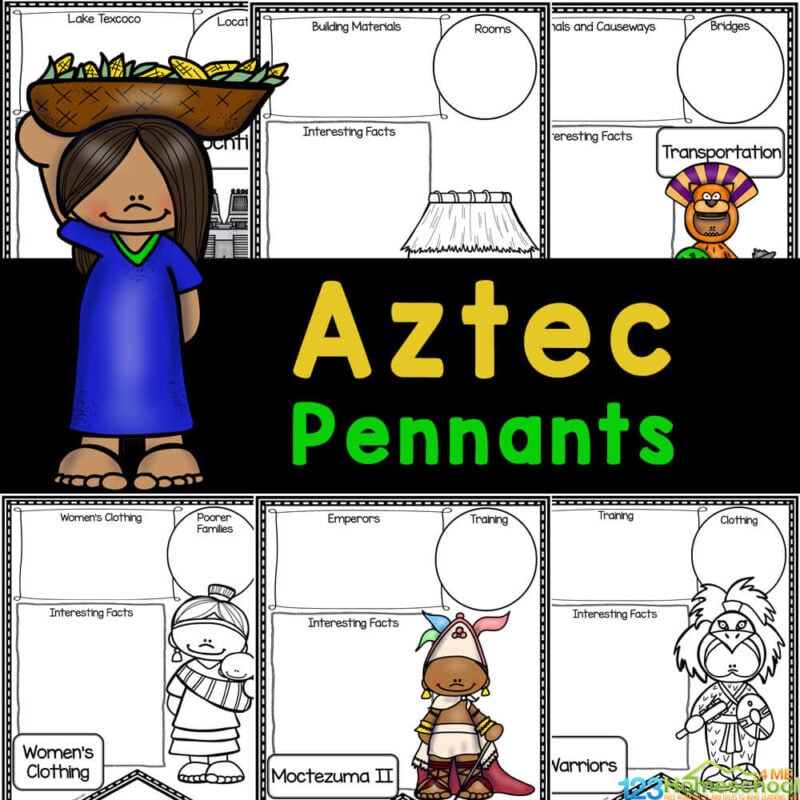 Use these free printable Aztec Pennants as a hands-on activity to learn and review all about the life and culture of Aztecs or MesoAmerica.
