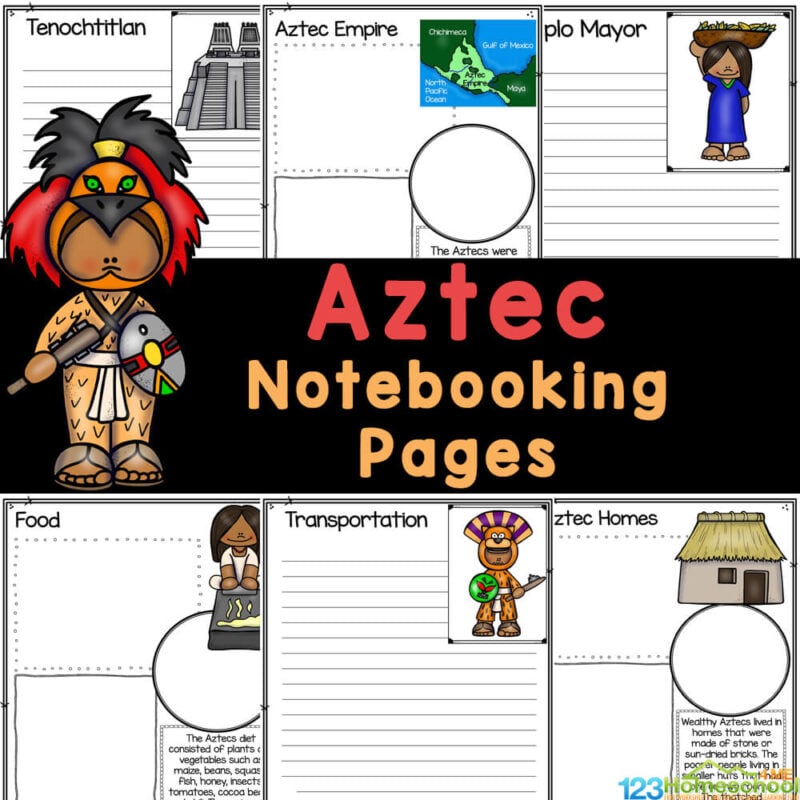 Handy Aztec notebooking worksheets filled with space for students to record information about the people who lived in Mexico from 1300-1521.