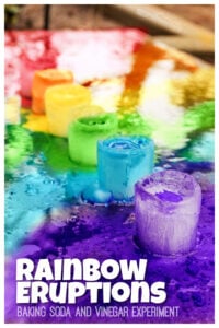 Kids are going to love this really fun Frozen Rainbow Eruptions science activity where kids will make beautiful rainbows as they create a chemical reaction! This baking soda and vinegar experiment! This rainbow activities for preschoolers usese a couple simple materials for a mesmerizing, colorful preschool summer activity! Use this rainbow science with toddler, preschool, pre-k, kindergarten, first grade, 2nd grade, and 3rd graders.