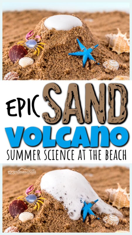 Looking for really fun beach activities for kids? This sand volcano is not only a really cool thing to do on your summer vacation, but a fun summer science experiment too. This volcano experiment is perfect for toddler, preschool, pre-k, kindergarten, first grade, 2nd grade, and 3rd graders too.  This summer activities for kids is super quick and easy with NO clean-up.