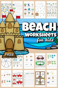 Use these super cute beach worksheets to sneak in some fun summer learning in between all your summer activities to keep up skills and avoid the summer leaning loss. These free beach printables include letter find, beach i spy, beach math, counting, addition, skip counting puzzles, and so much more. This HUGE pack of over 70 pages of beach worksheets for preschool, pre k, kindergarteners, and first graders is so handy! Simply download pdf file with summer worksheets for preschoolers and you are ready to play and learn with a beach activity for kids!