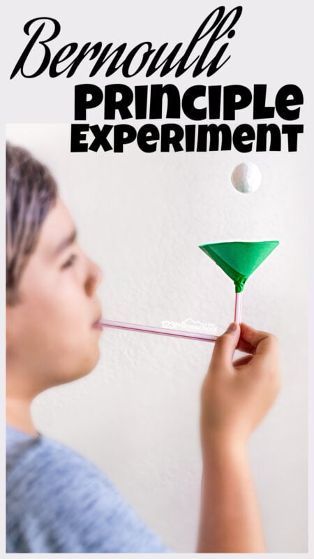 This simple bernoulli experiment will allow kids of all ages to understand how faster air meas less pressure and allows an object to fly.With just a piece of paper and straw children can make a ping pong ball float to understand about air pressure for kids. Try this Bernoulli principle experiment with preschool, pre-k, kindergarten, first grade, 2nd grade, 3rd grade, 4th grade, 5th grade, and 6th graders too.  Try this fun physics experiment in just 5-10 minutes for an easy science experiment for kids!