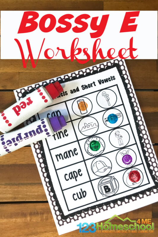 Is your child working on distinguishing between short vowel and long vowel words? The skills or deciphering long and short vowels is an important phonics skill that will help your kindergarten, first grade, and 2nd grade student learn to read. Download the pdf file with these super cute, free printable bossy e worksheets to help students practice identifying silent e and magic e in words (long vowels ).