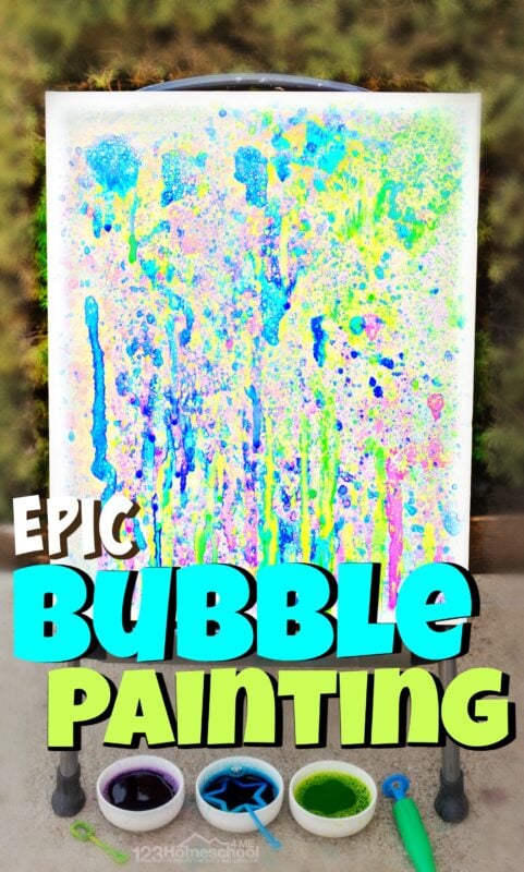 Do your kid love blowing bubbles? This bubble painting is a fun twist on that classic childhood. As children blow bubbles they will be making a really cool bubble art for kids. Toddler, preschool, pre-k, kindergarten, first grade, 2nd grade, and 3rd graders will create a modern masterpieces with this outside art project. The bold colors, fun splatter effect, and memories you make will be beautifully preserved on this fun bubble painting on canvas. This blow painting is fun for a summer or spring activity for kids!