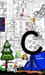 Camping Theme for Preschoolers - print the letter c printables to help pre k and preschool students practice alphabet letters, counting, sight words, shapes, colors, name craft, camping science experiment, letter craft, and more!