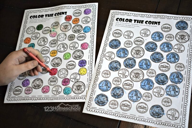 Free printable Coin Worksheets to teach kindergarten and first grade students to identifying quarters, dimes, nickels, pennys, and more
