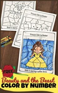 FREE Beauty and the Beast Color by Number Worksheets - preschool, prek, and kindergarten age kids will have fun working on number recognition with these printale freebie! Not only does this math activity for preschoolers help work on preschool math, but it is great for strengthening fine motor muscles too! Perfect for teachers, parents, and homeschoolers.