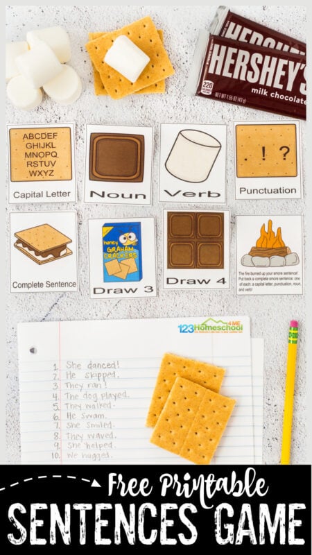 Kids will have fun practing forming sentences with this super cute, smores themed, complete sentence game. This free printable complete sentences game is perfect for first grade and 2nd graders who are learning to form a proper sentece with a capital letter, punctuation, noun and verbs. Simply grab the pdf file with sentence building games and you are ready to play and learn with a sentence game.
