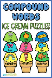 Looking for a fun way to practice compound words for kids? This ice-cream compound word puzzles is a free printable building activity. Use this compound words activity as a fun and hands-on method of practicing and learning with compound word picture puzzles while building a lovely ice-cream. This compound words game is a great summer learning activity for your pre-k, kindergarten, or first graders. Simply print this free Compound Word exercises and let your learner practice learning their compound words with some hands-on practice!