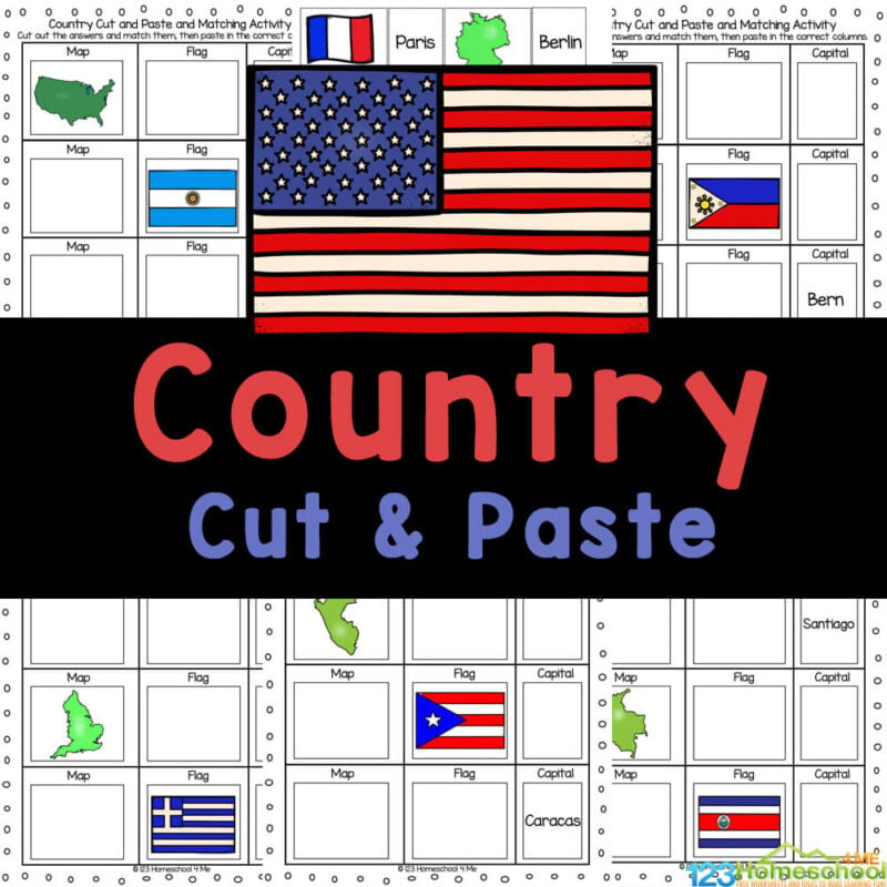 Use these free printable country worksheets to easily review flags of the world, capital cities, and country map. FUN cut-and-paste activity.