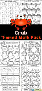 These super cute crab themed summer math worksheets are a great way for children to learn, practice and review essential math skills! These free math worksheets allow preschool pre-k, and kindergarten age students to learn to recognise and write numbers, shapes and fractions. Simply print preschool math worksheets and you are ready for yoru summer theme or ocean theme.