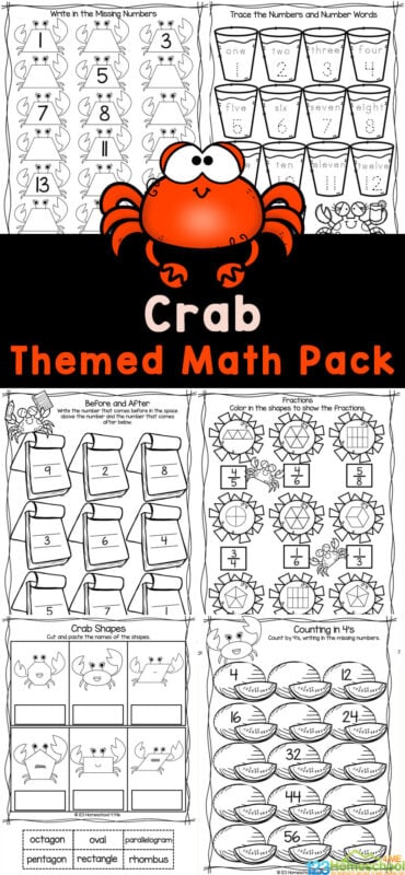 These super cute crab themed summer math worksheets are a great way for children to learn, practice and review essential math skills! These free math worksheets allow preschool pre-k, and kindergarten age students to learn to recognise and write numbers, shapes and fractions. Simply print preschool math worksheets and you are ready for yoru summer theme or ocean theme.