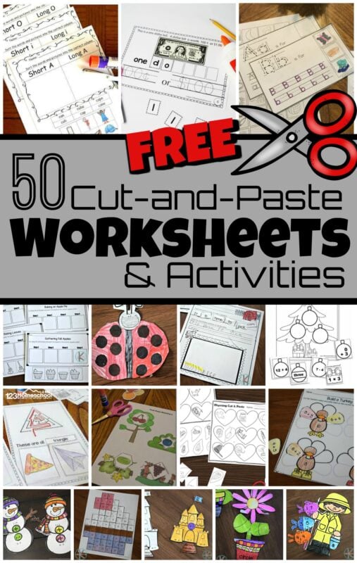 Cut and paste worksheets give kids a hands-on way to practice a variety of skills. These free cut and paste worksheets include reading, math, science and more. These cut and paste activities are perfect for preschool, pre-k, kindergarten, first grade, 2nd grade, 3rd grade, and 4th graders.
