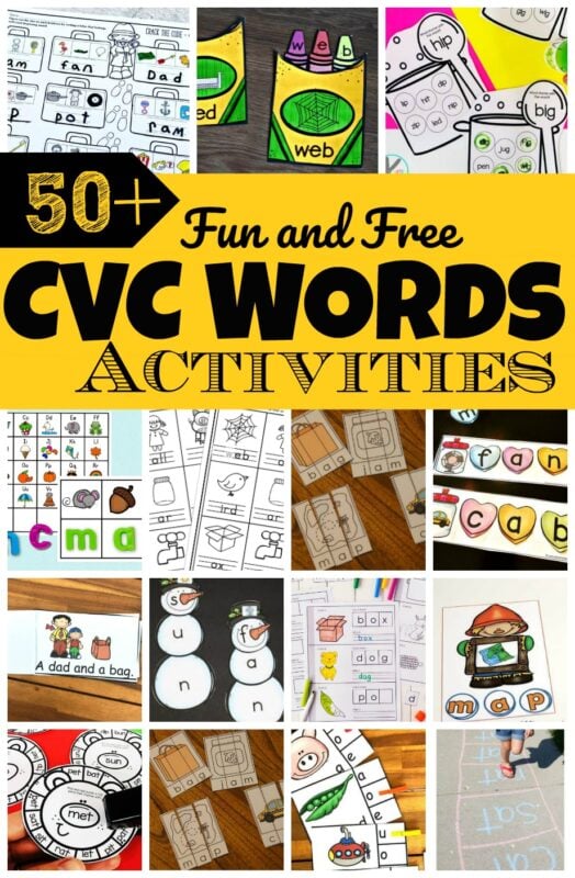 Whether you're teaching preschool, pre k, kindergarten, or first graders, you're bound to be needing tons of ideas for teaching CVC words. We have lots of  creative, and free printable CVC Words Activities to keep kids engaged and having fun learning!  We've included hands-on many cvc word activity ideas, free CVC words worksheets, and CVC words games so as to provide educational activities and learning opportunities all year round!