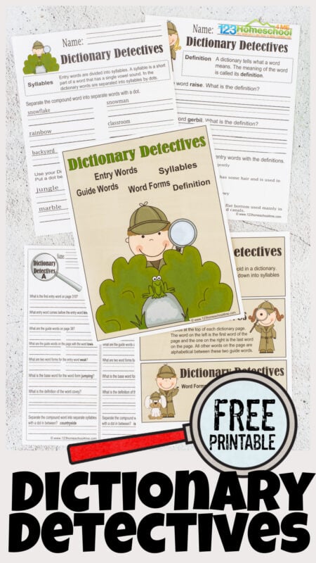 Make learning to use a dictionary FUN with dictionary detective! These dictionary skills worksheet allow kids to become detectives and solve the clues using a dictionary. These dictionary detective worksheet are perfect for grade 2, grade 3, grade 4, grade 5, and grade 6 students. Simply print dictionary worksheets pdf file to learn about entry words, syllables, guide words, word forms, definitions, practice using a dictionary and more. 