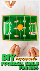 Making a DIY foosball table is a really fun STEM project for kids of all ages to make together and loads of fun to play with too! The diy games for kids is the project for a rainy day or as a summer bucket list idea.  Try this homemade games for kids with preschool, pre-k, kindergarten, first grade, 2nd grade, 3rd grade, and 4th graders too. This EPIC kids activity is sure to be a hit with your kids.