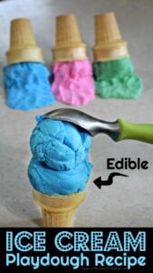 Edible Ice Cream Playdough Recipe - amazing 2 ingredient playdough recipe perfect for toddler, preschool, kindergarten and kids of all ages for an ice cream thing, kids activity, or summer bucket list #playdough #playdoughrecipes #icecream