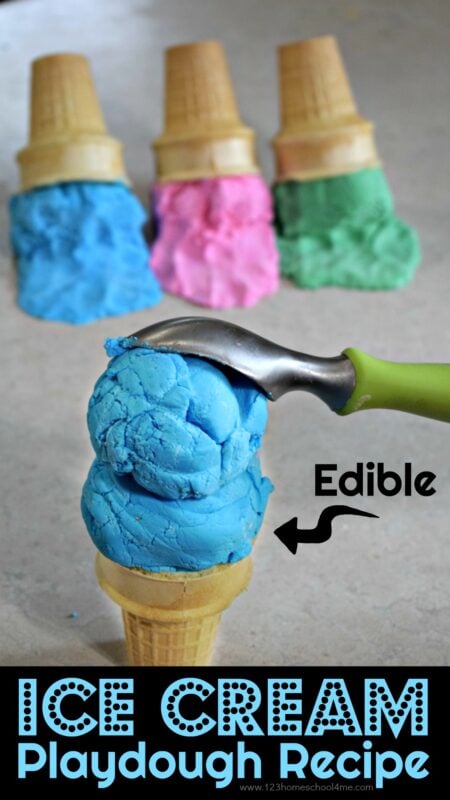 Kids are going to flip over this amazing ice cream play doh that is not only an EASY edible playdough, but they can shape to look just like ice cream cones! This super cool ice cream play dough is the perfect summer activity for kids from toddler, preschool, pre-k, kindergarten, first grade, 2nd grade, and 3rd graders too.  This play dough ice cream truly has the most incredible feel and is outrageously fun!