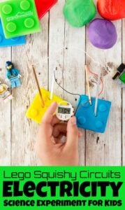 Looking for that really cool science experiment for kids that grabs kids attention, teaches, and makes them say WOW! This squishy circuits project is fun and easy to do with a kid-approve Lego theme to keep preschool, pre-k, kindergarten, first grade, 2nd grade, 3rd grade, 4th grade, 5th grade, and 6th grade students engaged. All you need are a few simple materials to try this Electricity Science Experiments and you are ready to play and learn! There are so many fun variations for this electricity experiments for kids