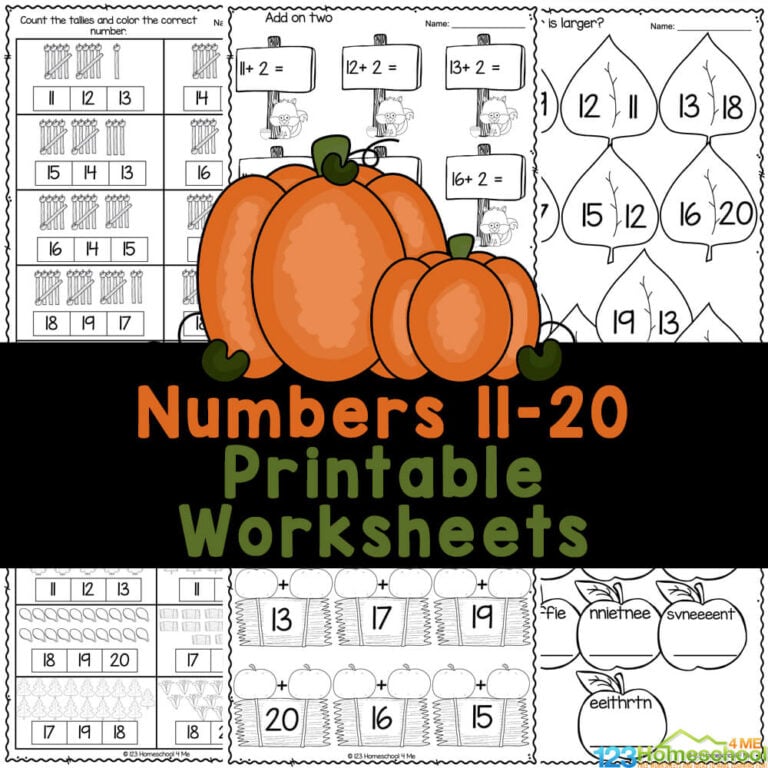FREE Printable Fall Math Numbers 11 to 20 Worksheets