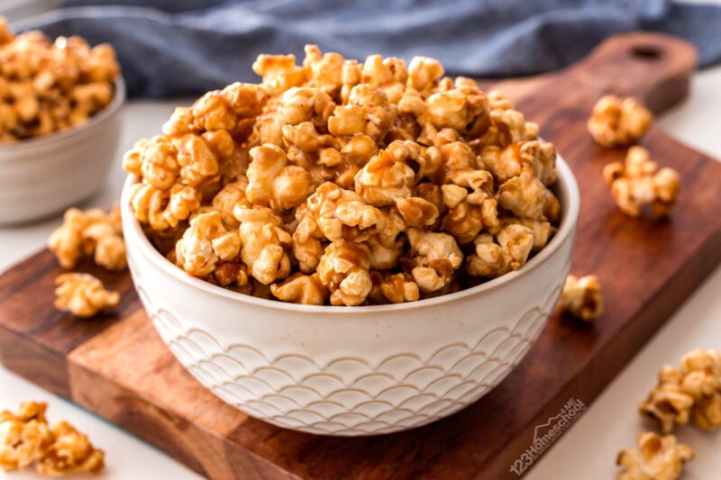 Super quick microwave carmel popcorn recipe takes under 10 minutes and is perfect for your next family movie or game night. 