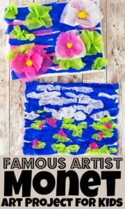 Teaching kids about famous artist Monet with this fun Monet art projects. This  easy-to-make tissue paper craft makes a beautiful Monet Art Project for Kids that will brighten up any room while helping to explore a famous artists for kids while having fun creating beautiful art, slowing down to appreciate the pretty things around us, and learning to express themselves too. This art projects for kids is perfect for toddler, preschool, pre-k, kindergarten, first grade, 2nd grade, 3rd grade, 4th grade, 5th grade, and 6th grade students.