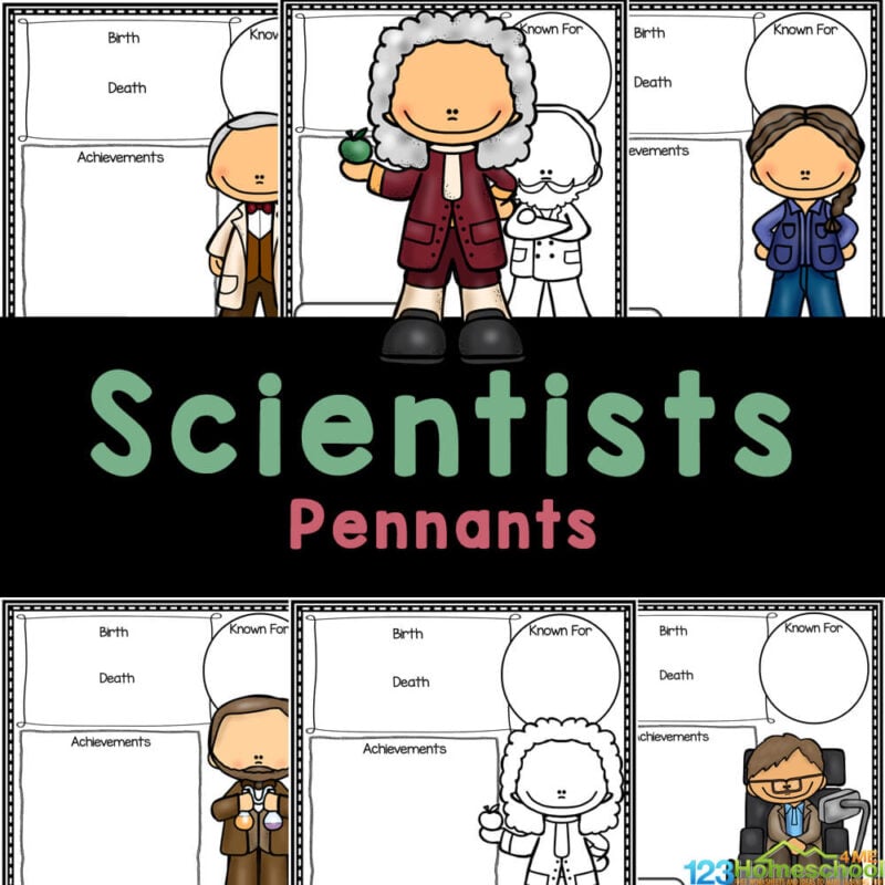 Handy famous scientist pennantsfor kids to learn names and their inventions. This free scientists for kids printable is perfect for all ages.