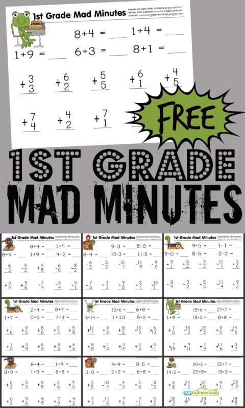 Help your first grader get the math practice they need to achieve fluency with addition and subtraction by using these super cute, free printable 1st grade math worksheets. Simply download pdf file and print the 1st grade math worksheets. You will be ready to practice math with grade 1 students any time! Plus instructions for how to turn free math worksheets into a fun math game - MAD MINUTES!