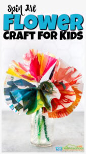 We came up this fun twist on spin art paint to make a beautiful flower craft for kids. This spring craft is perfect for toddler, preschool, pre-k, kindergarten, and first grade students. Children will love that this process art project makes a one-of-a-kind design perfect for making pretty flower crafts for prsechoolers. These coffee filter flowers preschool make truly beautiful flower projects for spring!