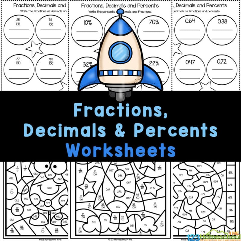 Handy, free printable decimals, fractions, and percents worksheets for children in grade 3, grade 4, and grade 5!
