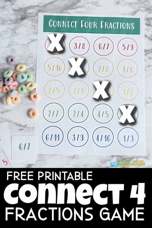 Help kids practice fractions with this fun, easy-to-set-up fraction game! This fraction connect four is a fun way for 3rd grade and 4th graders to learn fractions. Simply print the fraction games and you are ready to play and learn.