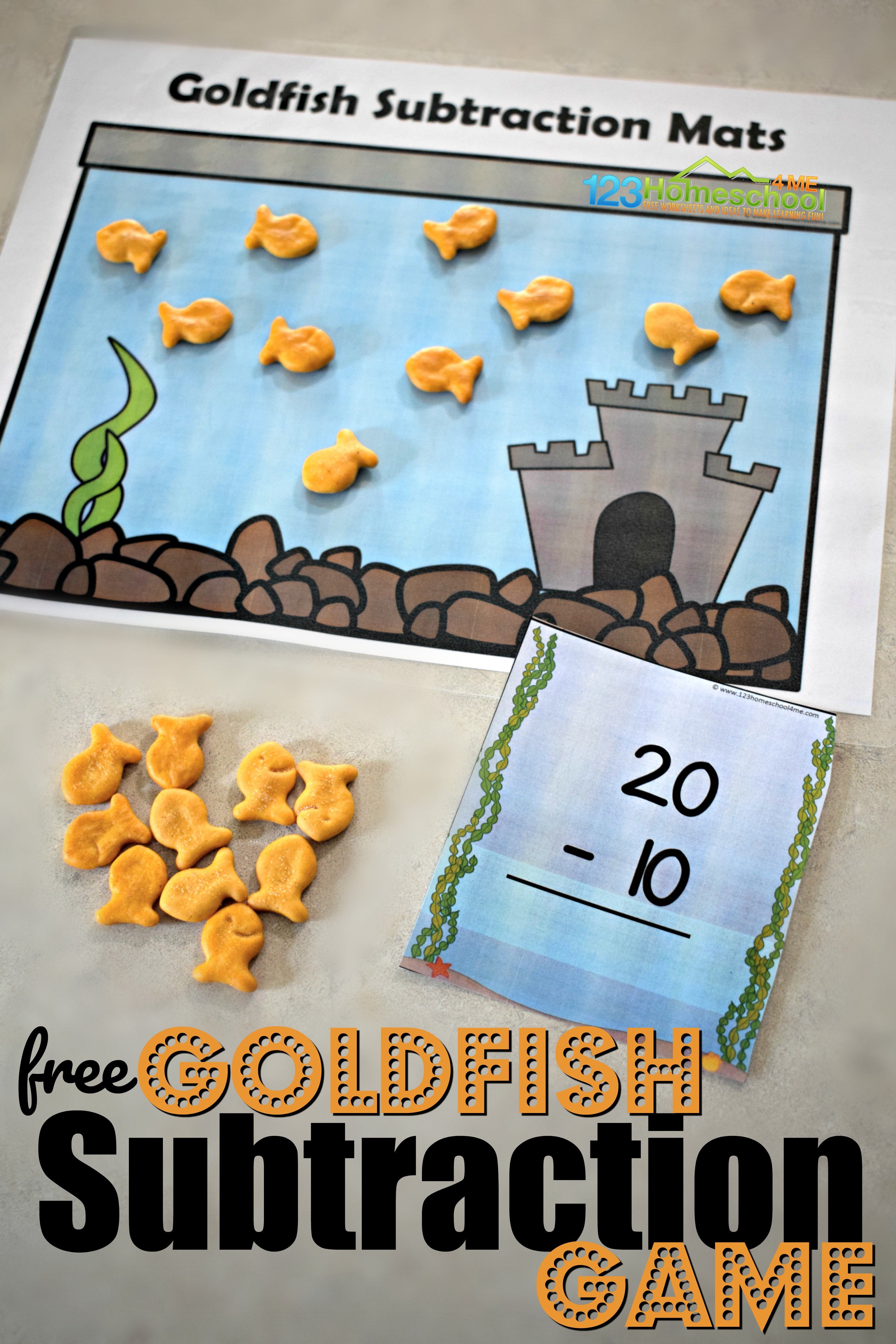 Fun, hands on subtraction game using our free subtraction printable and goldfish