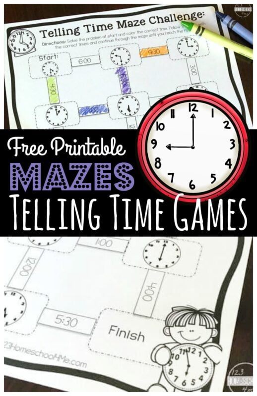 Make practicing telling the time on a clock FUN with these super cute, engaging Telling Time Maze Challenge. This free printable telling time games is perfect for kindergarten, first grade, and 2nd grade students who are learning to tell time to the half hour and on the hour. This free math game turns telling time worksheets into a hands-on educational activity kids will enjoy.