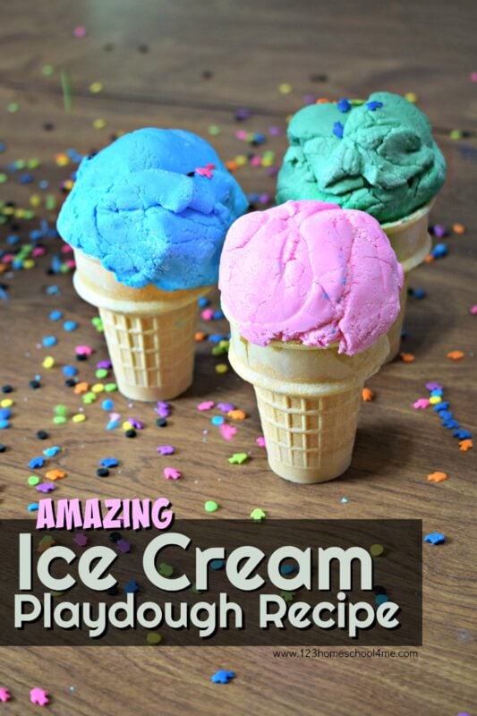 Kids are going to flip over this amazing ice cream play doh that is not only an EASY edible playdough, but they can shape to look just like ice cream cones! This super cool ice cream play dough is the perfect summer activity for kids from toddler, preschool, pre-k, kindergarten, first grade, 2nd grade, and 3rd graders too.  This play dough ice cream truly has the most incredible feel and is outrageously fun!